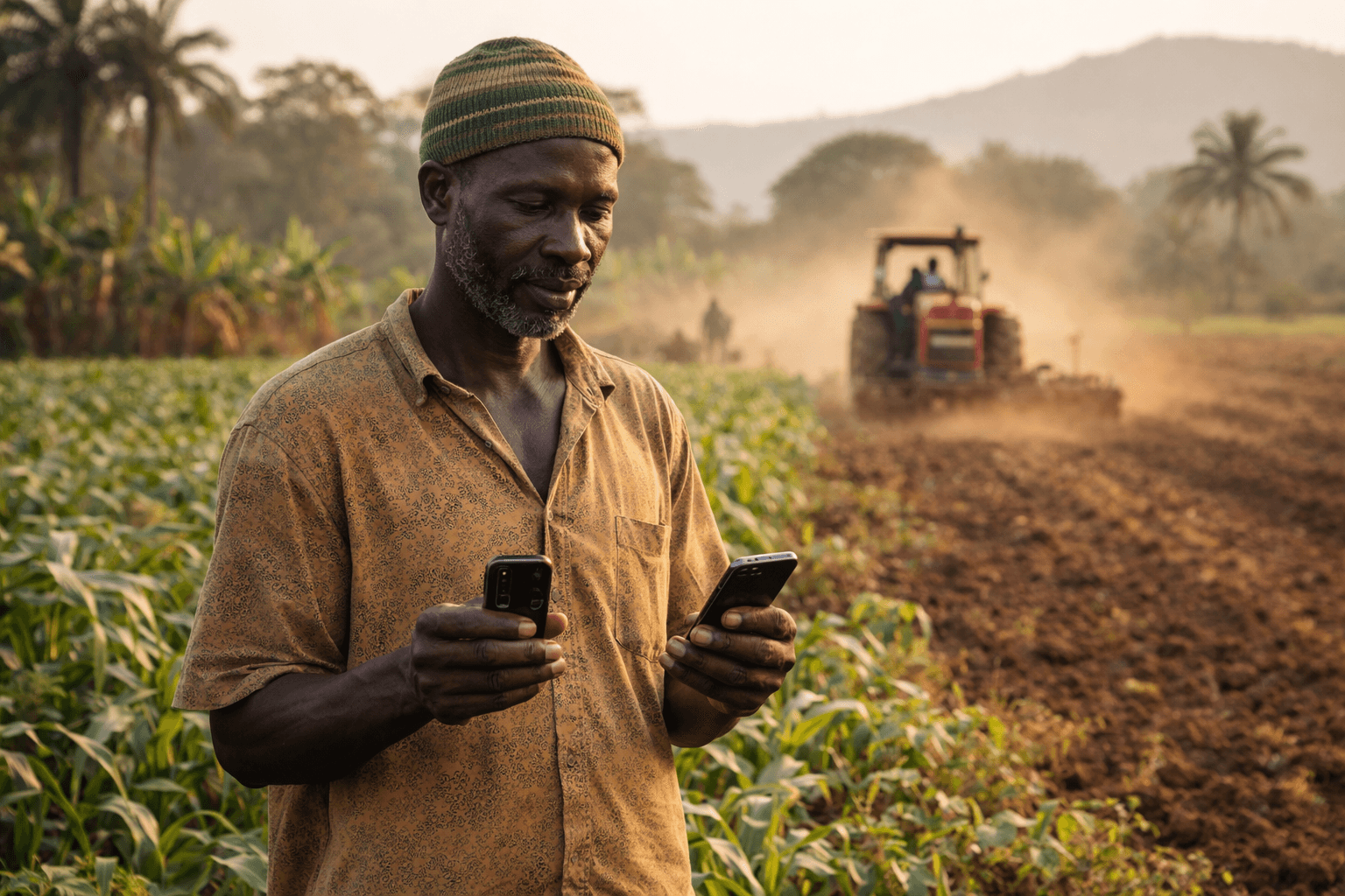 Farmer using a phone in a field