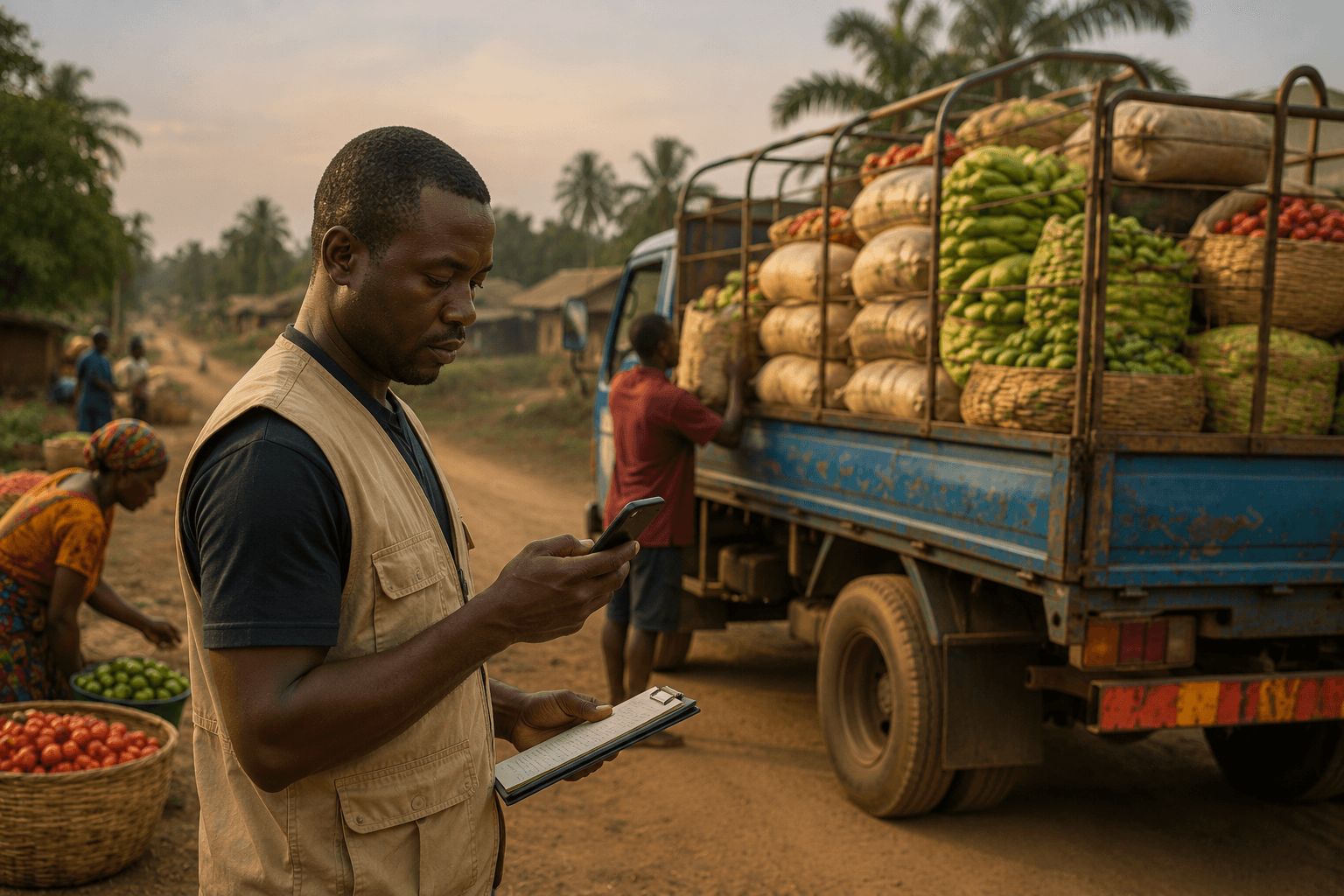 Produce being loaded for transport on a rural road
