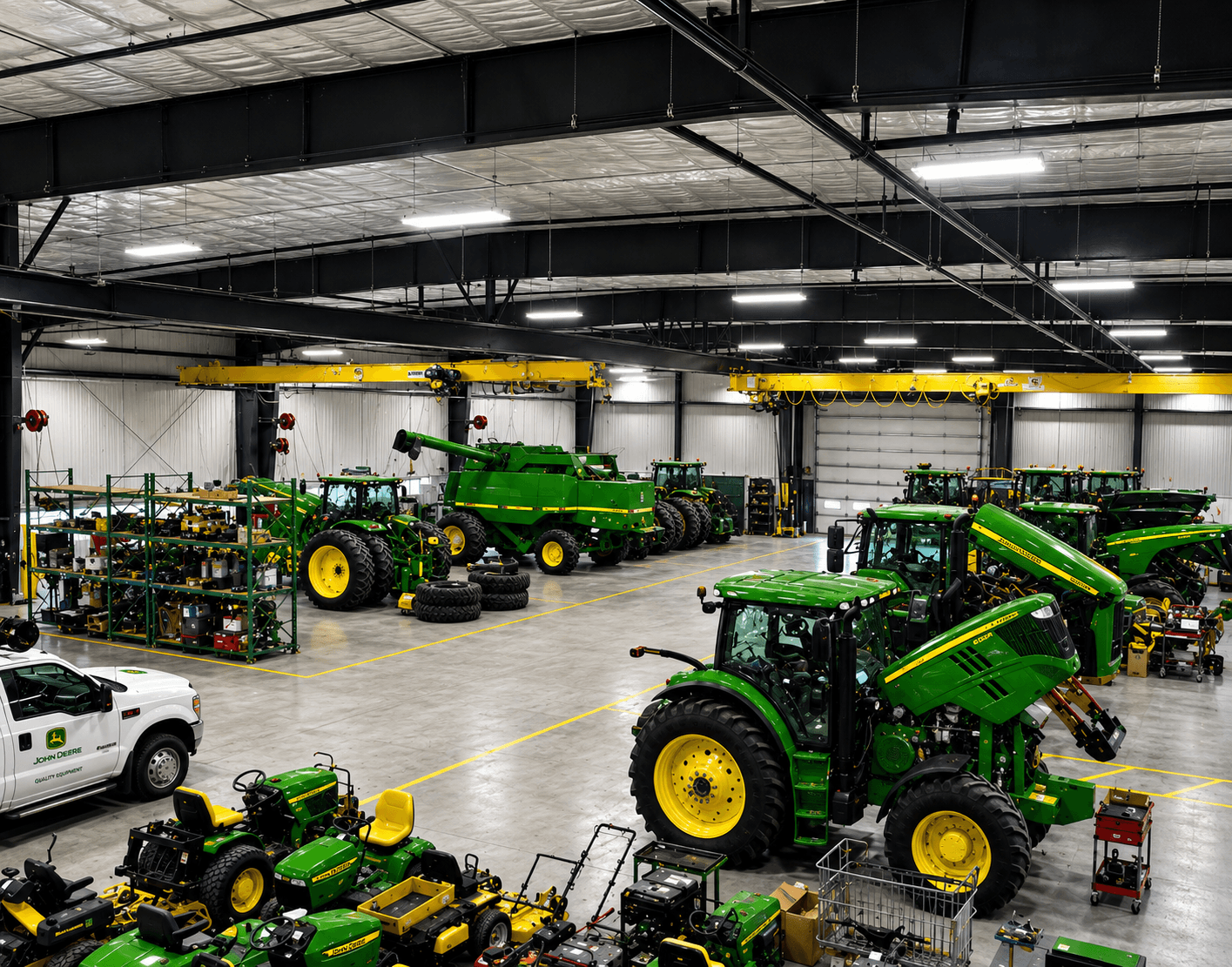 Agricultural service workshop with tractors and equipment