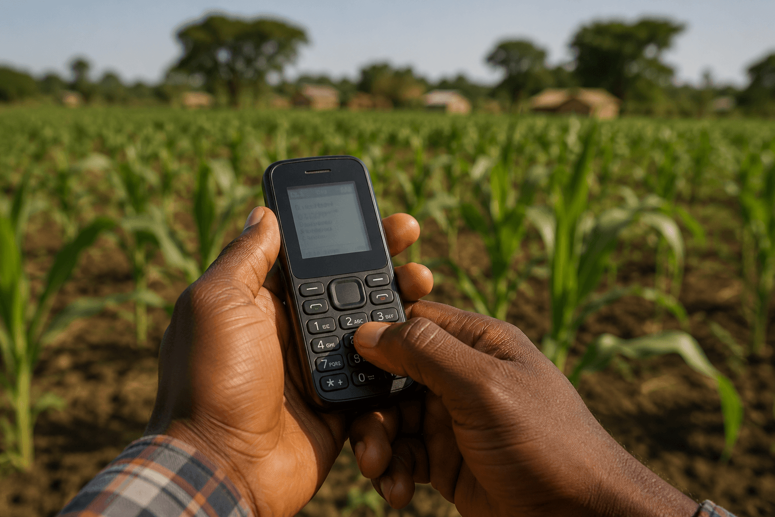 A farmer dialing USSD on a basic phone in the field